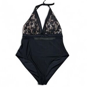 Black one-piece halter-top swimsuit with lace details